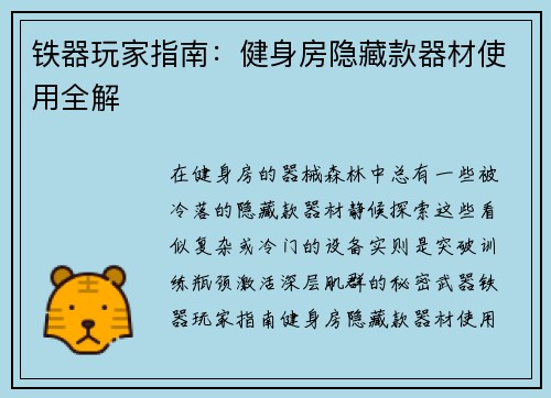 铁器玩家指南:健身房隐藏款器材使用全解