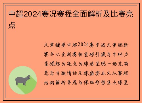 中超2024赛况赛程全面解析及比赛亮点